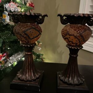 Pair Vintage Regency Style Ornate cast metal Candlestick Holders 12” Tall